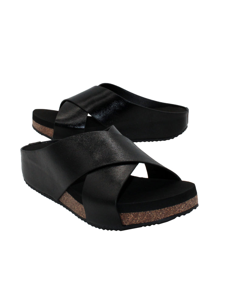 Rustic genuine leather black Slip-on crisscross sandal style Round toe shape Ultra-comfort EVA insole Cork covered wedge Rubber traction outsole Approx. 1.25” heel height 3/4 angle