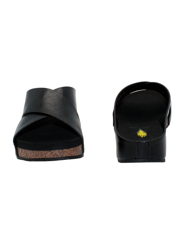 Rustic genuine leather black Slip-on crisscross sandal style Round toe shape Ultra-comfort EVA insole Cork covered wedge Rubber traction outsole Approx. 1.25” heel height front and back