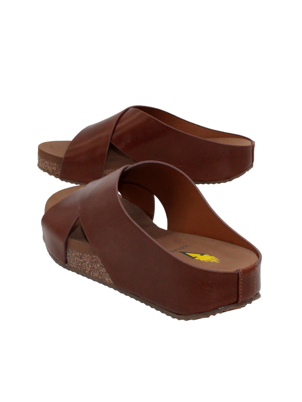Rustic genuine leather brown Slip-on crisscross sandal style Round toe shape Ultra-comfort EVA insole Cork covered wedge Rubber traction outsole Approx. 1.25” heel height back