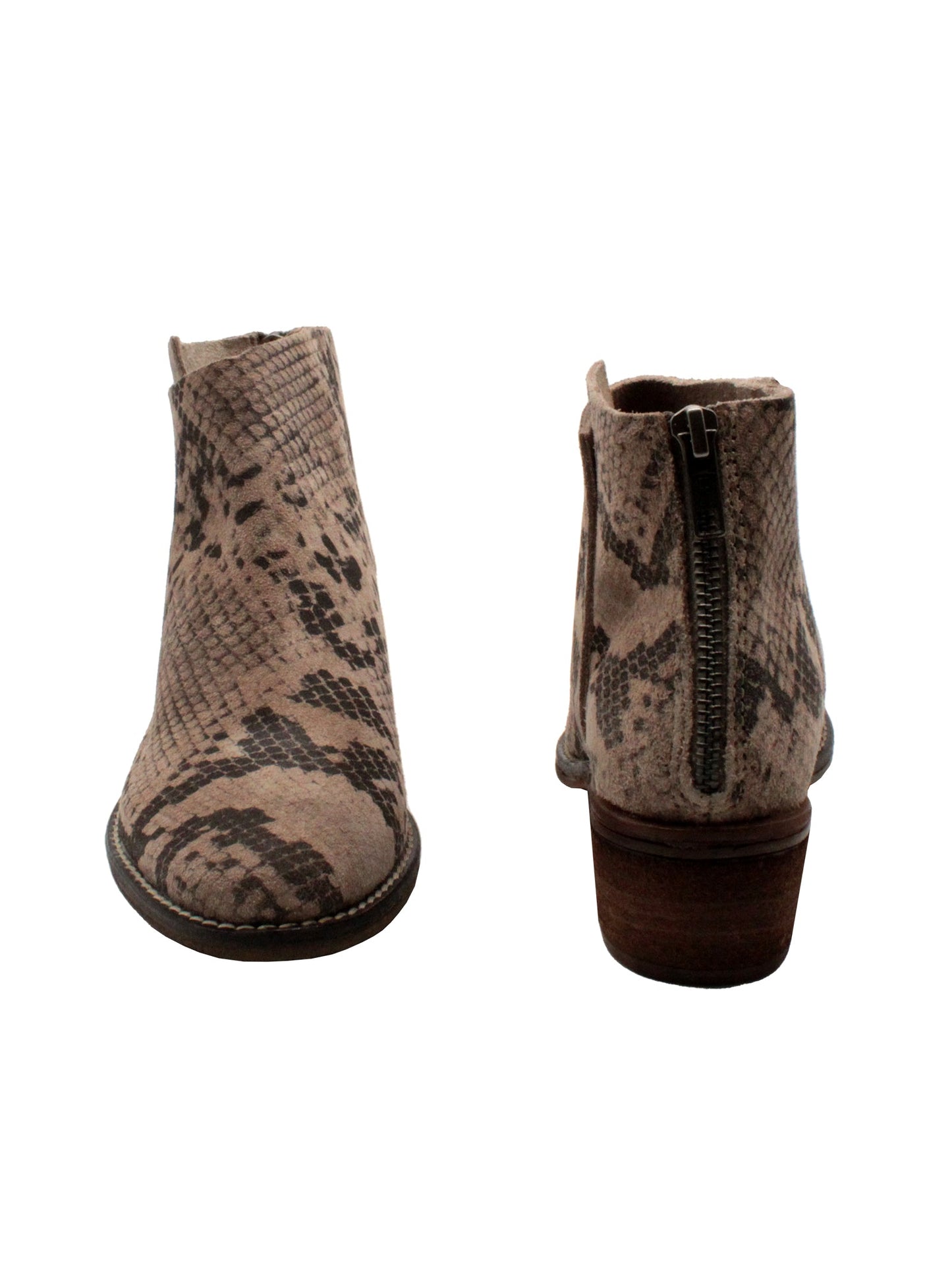 Very Volatile’s hand burnished suede ‘Aldworth’ bootie taupe multi has an asymmetrical topline that adds effortless appeal to this wardrobe essential. Featuring padded insoles set atop sturdy rubber outsoles with stack leather heels and rustic stitched leather welting. front and back