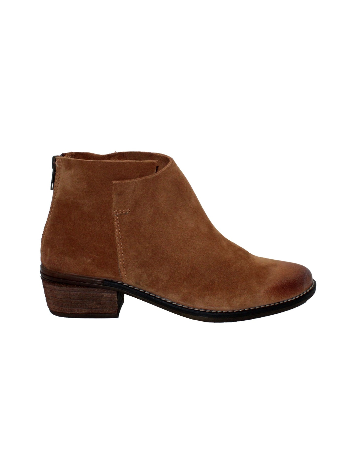 Very Volatile’s hand burnished suede ‘Aldworth’ bootie whiskey has an asymmetrical topline that adds effortless appeal to this wardrobe essential. Featuring padded insoles set atop sturdy rubber outsoles with stack leather heels and rustic stitched leather welting. side