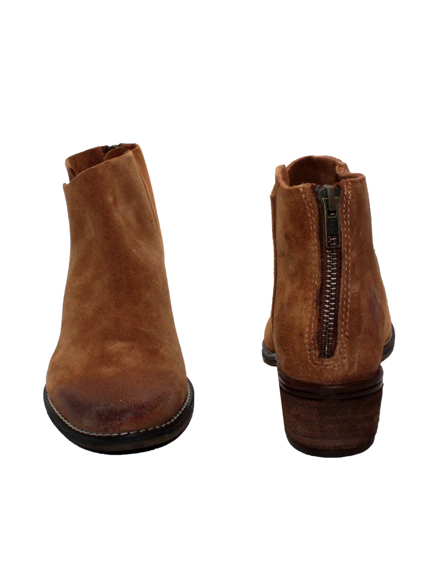 Very Volatile’s hand burnished suede ‘Aldworth’ bootie whiskey has an asymmetrical topline that adds effortless appeal to this wardrobe essential. Featuring padded insoles set atop sturdy rubber outsoles with stack leather heels and rustic stitched leather welting. front and back