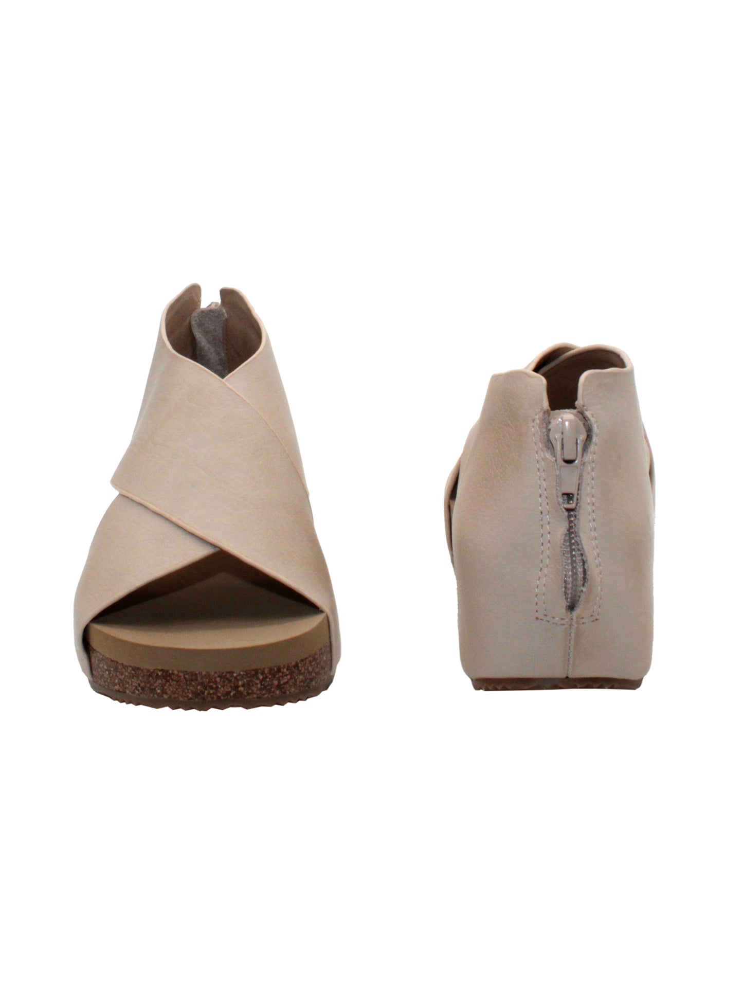 The ‘Alton’ beige sandals by Volatile are made from plush genuine suede and designed with crisscross straps that meet in the back for a closed-but-open effect suitable for year-round styling. Featuring Volatile’s signature ultra-comfort EVA insole stationed on a modest low wedge, and durable, non-skid rubber traction soles, these are ideal for all day walking. front and back