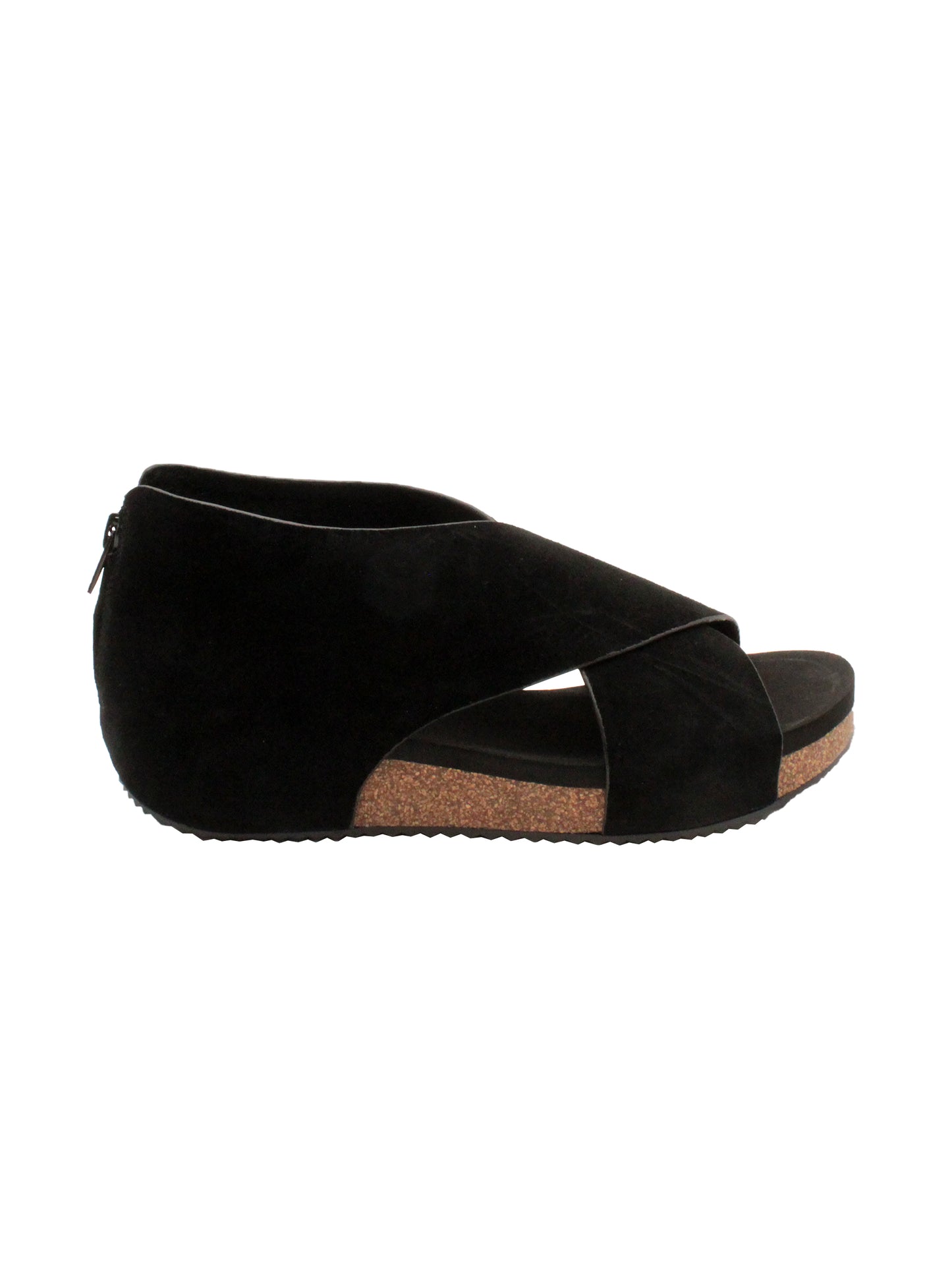 The ‘Alton’ black sandals by Volatile are made from plush genuine suede and designed with crisscross straps that meet in the back for a closed-but-open effect suitable for year-round styling. Featuring Volatile’s signature ultra-comfort EVA insole stationed on a modest low wedge, and durable, non-skid rubber traction soles, these are ideal for all day walking. side
