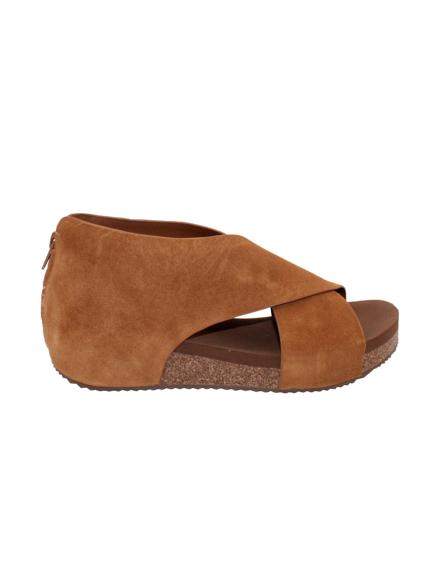 The ‘Alton’ tan sandals by Volatile are made from plush genuine suede and designed with crisscross straps that meet in the back for a closed-but-open effect suitable for year-round styling. Featuring Volatile’s signature ultra-comfort EVA insole stationed on a modest low wedge, and durable, non-skid rubber traction soles, these are ideal for all day walking. side