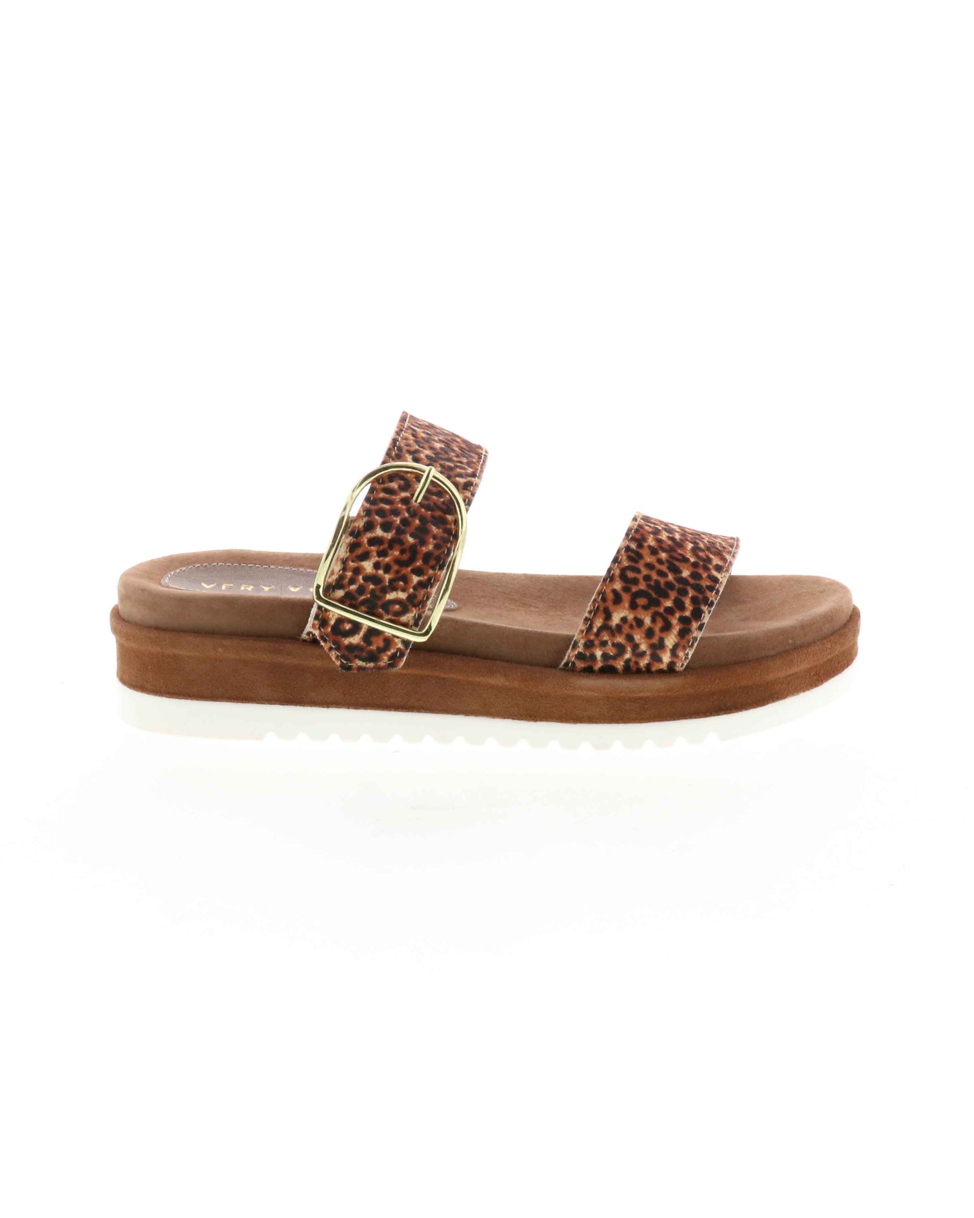 DOUBLE STRAP MINI FLATFORM SANDAL - Genuine calf-hair upper - Leather lining - Adjustable metal buckle - Two band slip-on sandal style - Anatomic suede covered footbed - Suede covered low platform bottom - White ridged outsole - Approx. 1.5" heel height tan leopard side