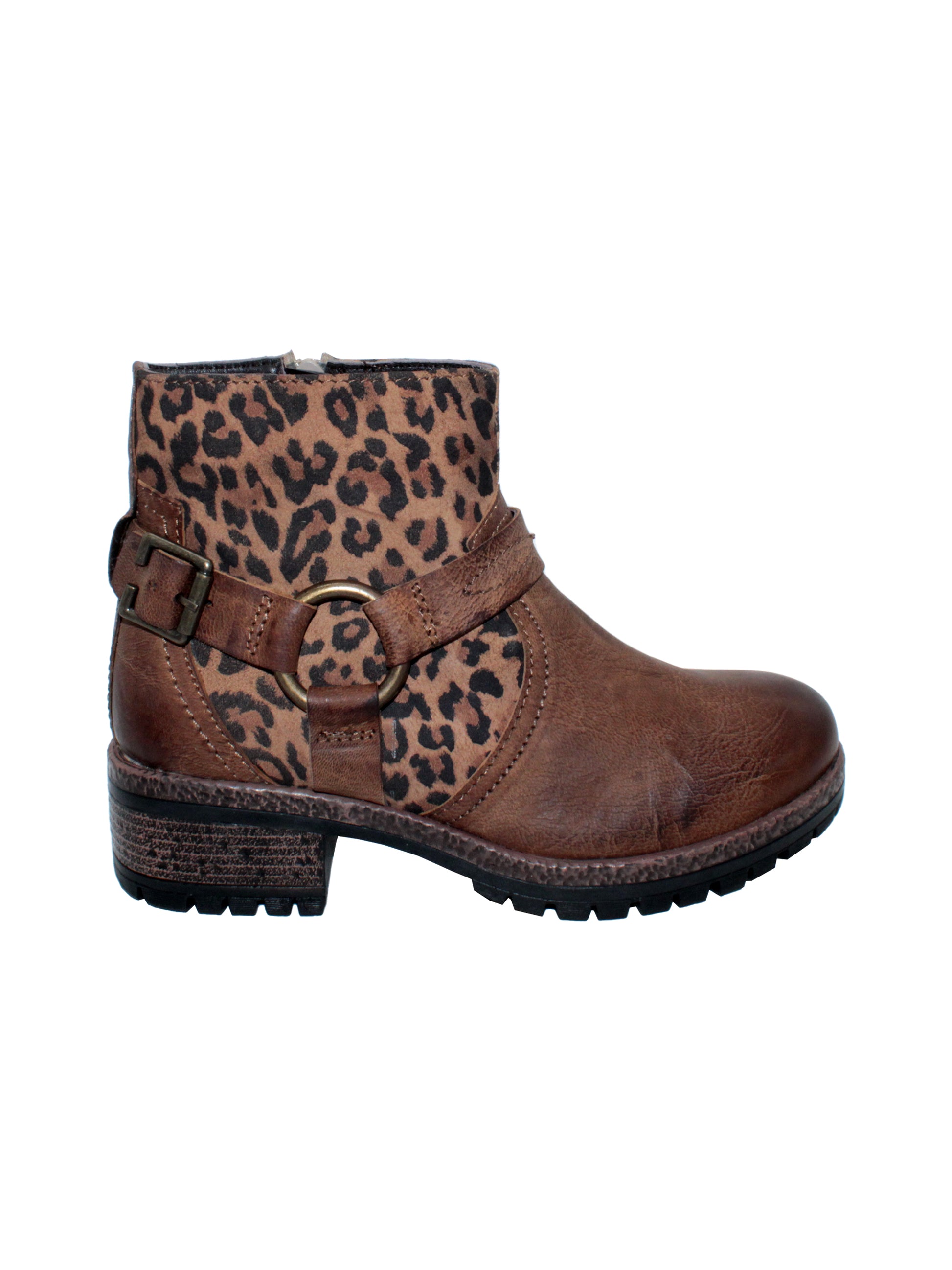 Leather and microfiber leopard printed upper Harness detail with metal buckle and O rings Internal nylon zipper Easy on and off moto bootie style Padded insole Approx. 4.75” shaft height Approx. 1.75" heel height Rubber lug bottom outsole side
