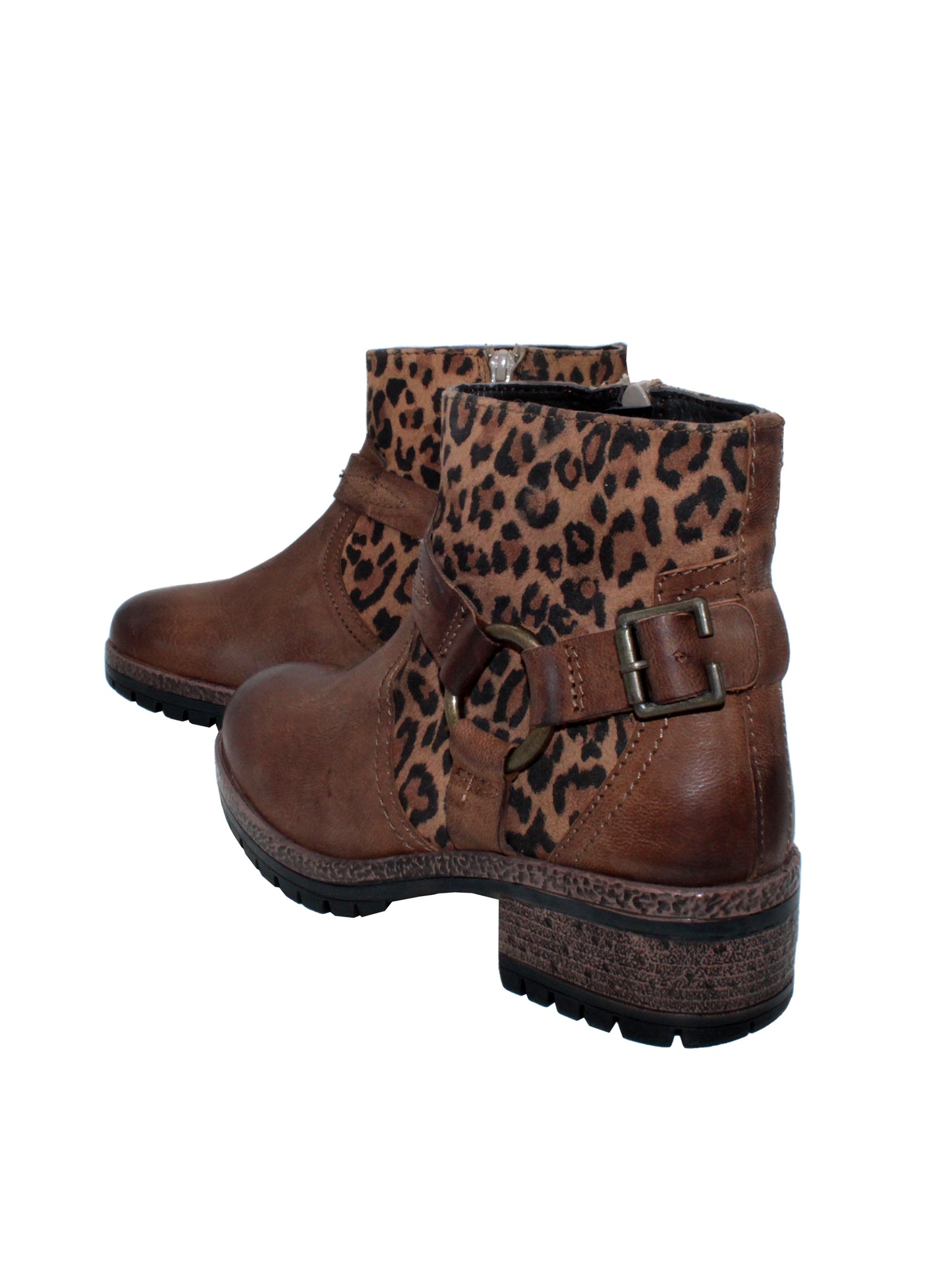 Leather and microfiber leopard printed upper Harness detail with metal buckle and O rings Internal nylon zipper Easy on and off moto bootie style Padded insole Approx. 4.75” shaft height Approx. 1.75" heel height Rubber lug bottom outsole back