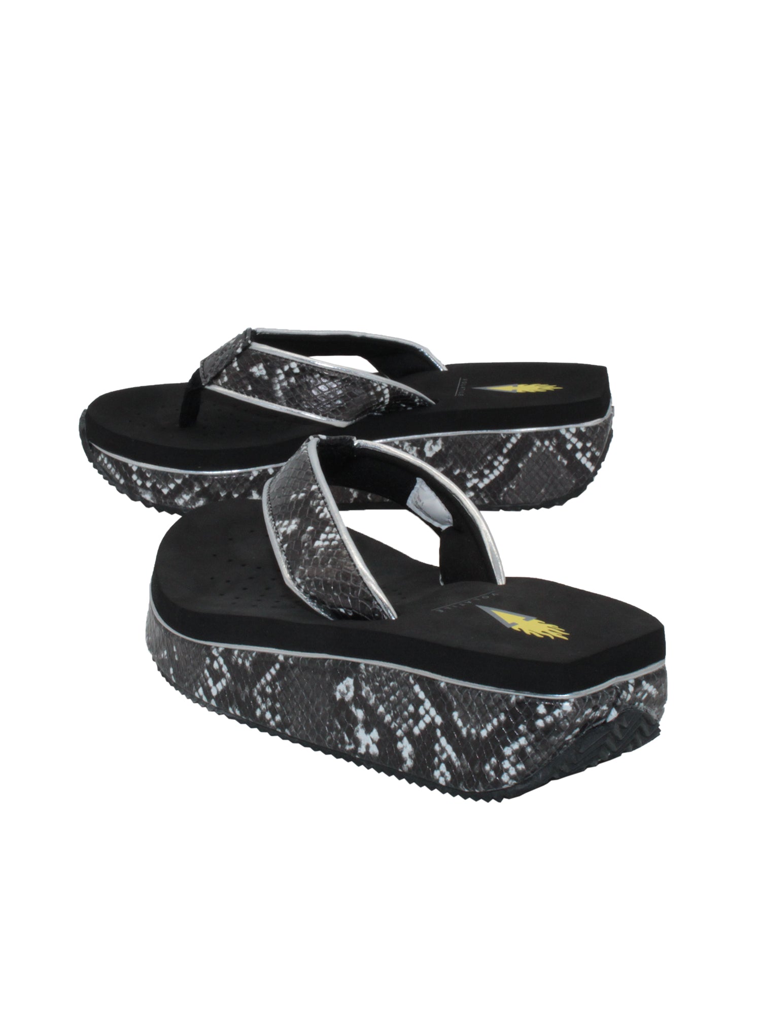Faux snakeskin upper Soft webbed textile thong post Padded textile lining for comfort Slip-on thong wedge style Ultra-comfort EVA insole Round toe and squared off heel shape Rubber traction outsole Approx. 1.5” wedge heel height BACK