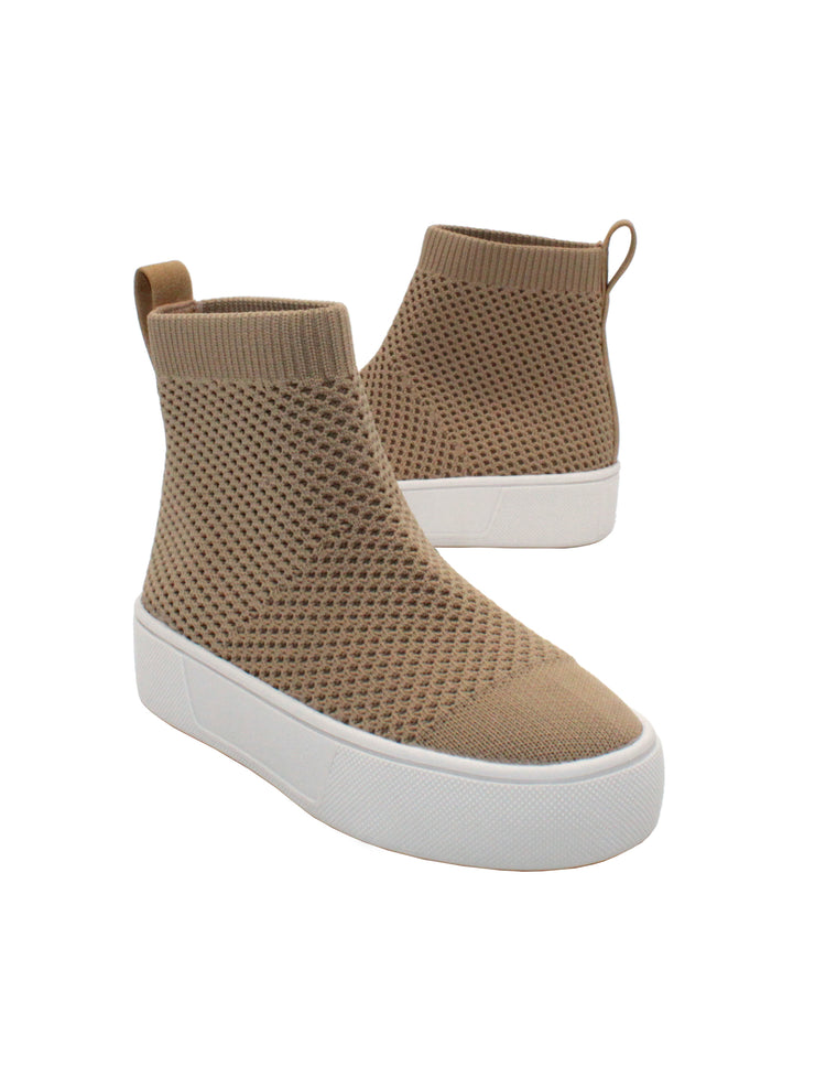 Stretch knit upper with back pull tab Stretch knit lining Internal nylon zipper Slip-on bootie sneaker style Signature ultra comfort EVA insole Approx. 3.5” shaft height Textured rubber sneaker bottom beige 