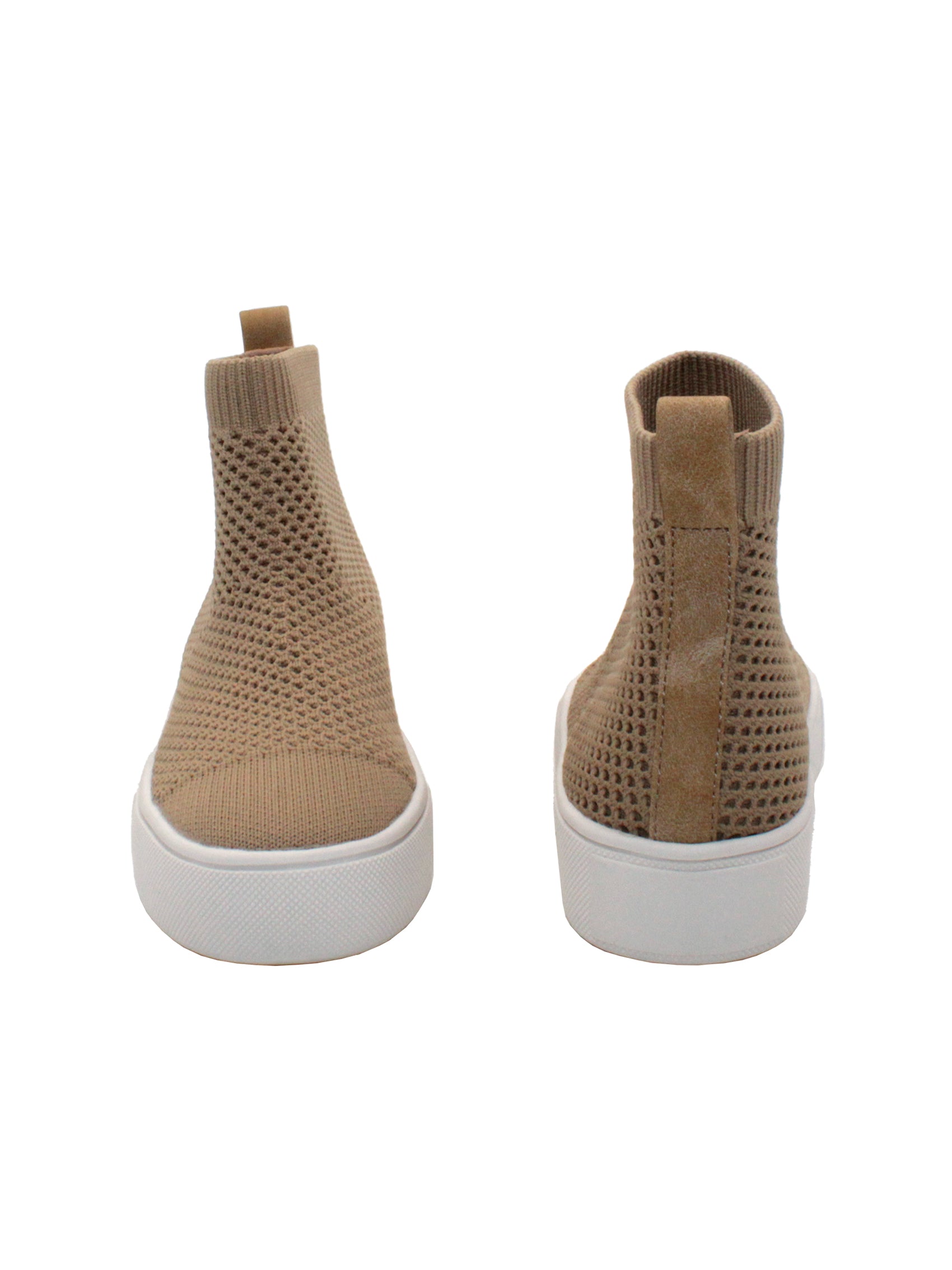 Stretch knit upper with back pull tab Stretch knit lining Internal nylon zipper Slip-on bootie sneaker style Signature ultra comfort EVA insole Approx. 3.5” shaft height Textured rubber sneaker bottom beige cfront and back