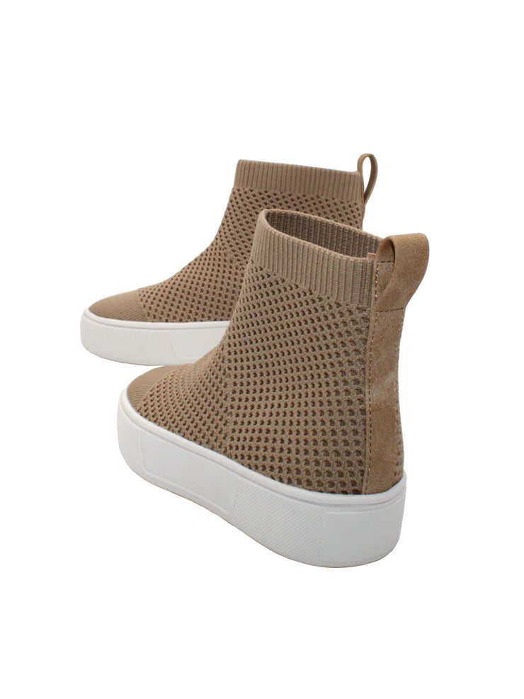 Stretch knit upper with back pull tab Stretch knit lining Internal nylon zipper Slip-on bootie sneaker style Signature ultra comfort EVA insole Approx. 3.5” shaft height Textured rubber sneaker bottom beige back