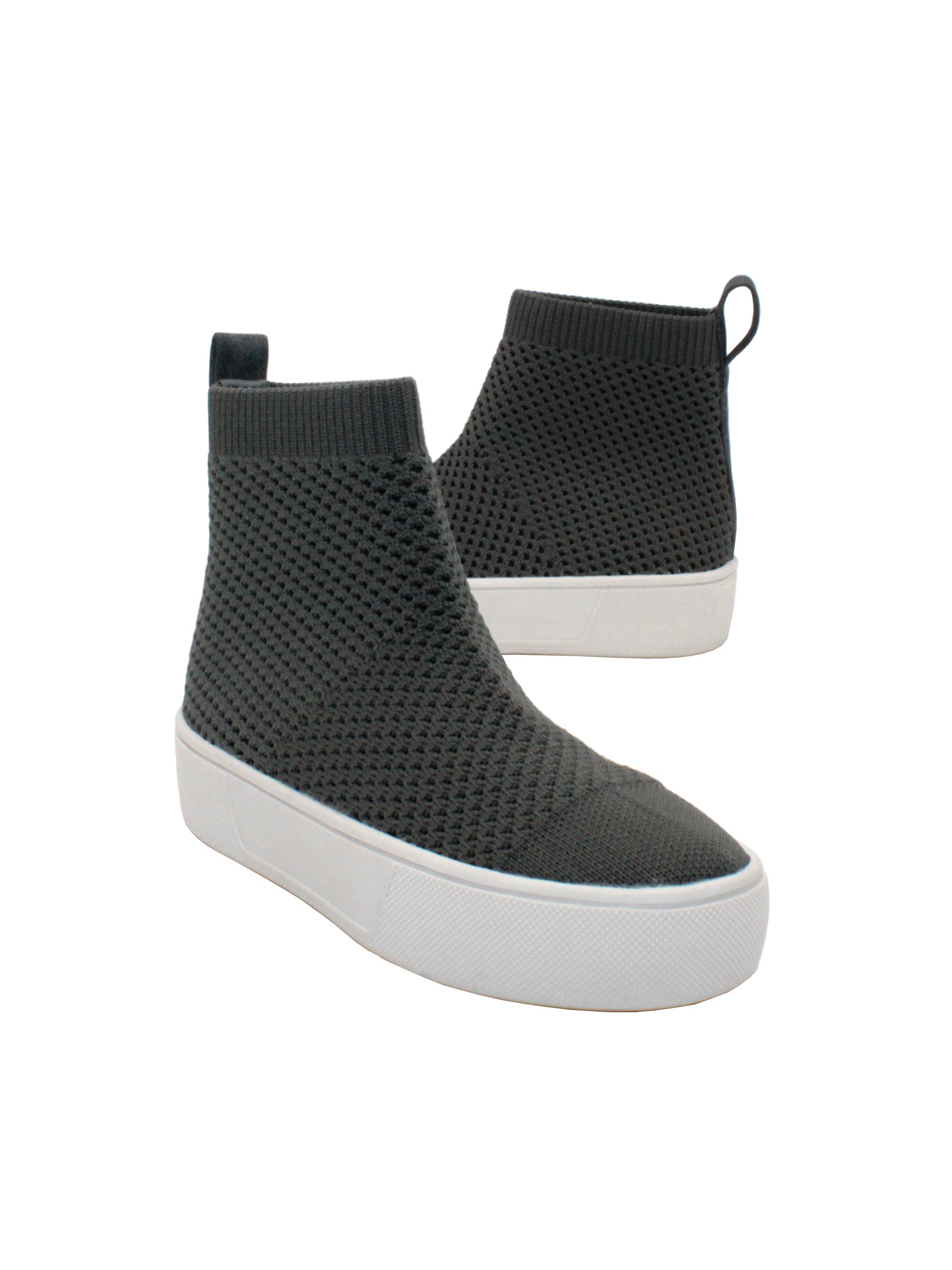 Stretch knit upper with back pull tab Stretch knit lining Internal nylon zipper Slip-on bootie sneaker style Signature ultra comfort EVA insole Approx. 3.5” shaft height Textured rubber sneaker bottom CHARCOAL