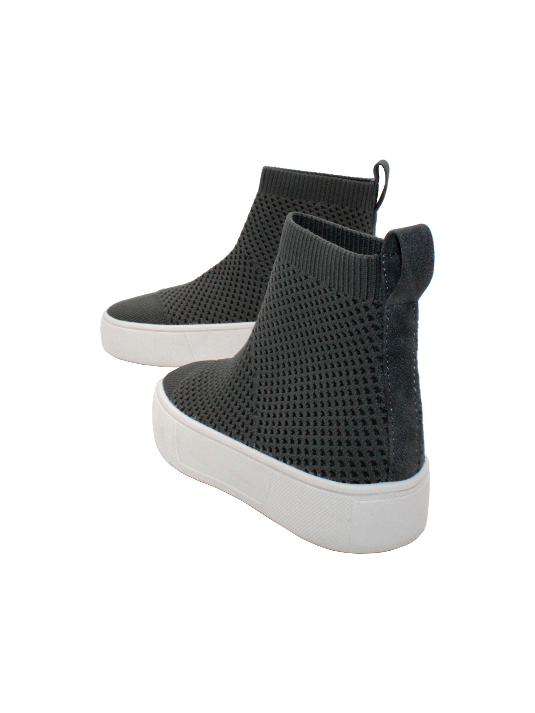 Stretch knit upper with back pull tab Stretch knit lining Internal nylon zipper Slip-on bootie sneaker style Signature ultra comfort EVA insole Approx. 3.5” shaft height Textured rubber sneaker bottom CHARCOAL back
