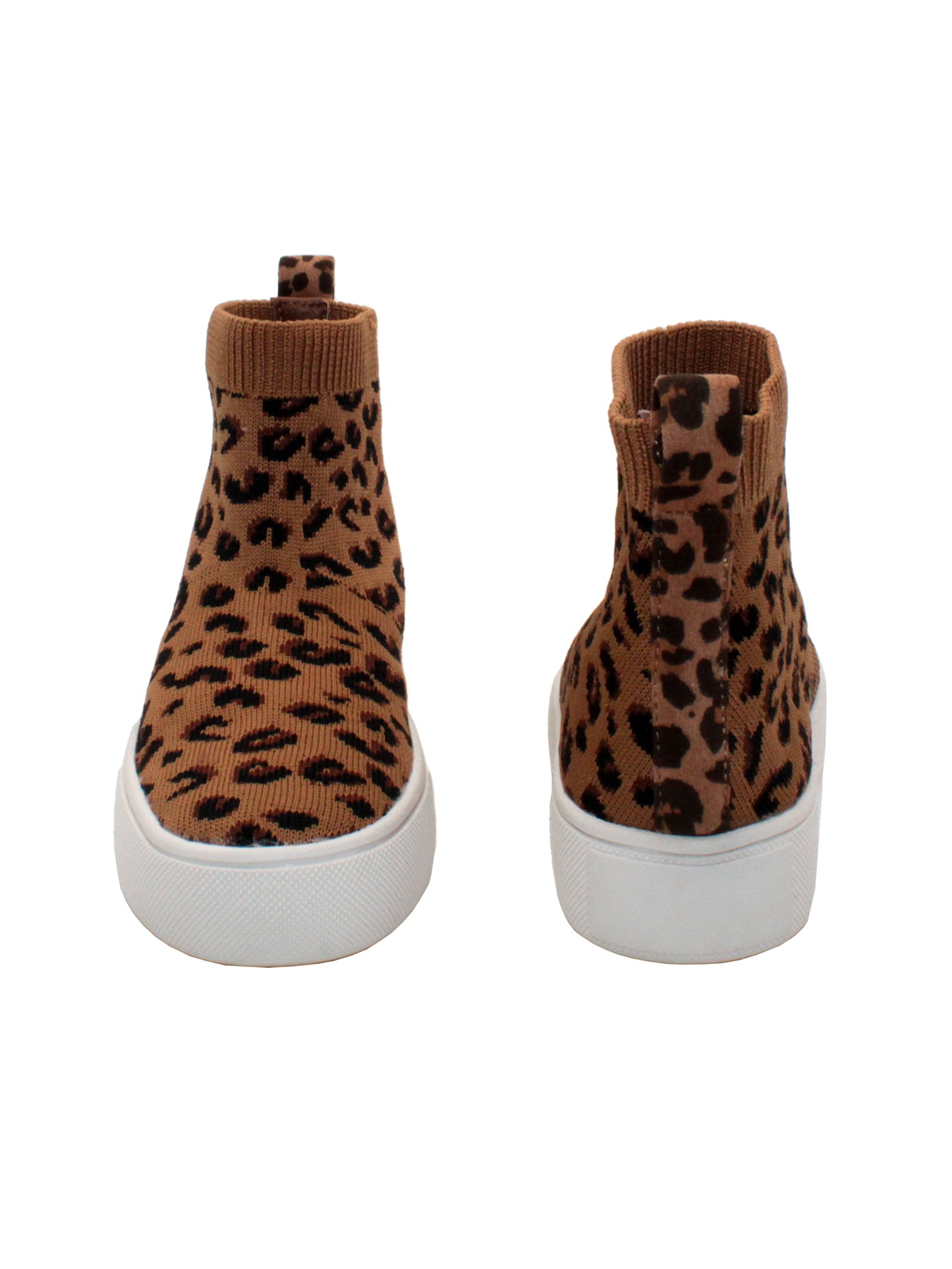 Stretch knit upper with back pull tab Stretch knit lining Internal nylon zipper Slip-on bootie sneaker style Signature ultra comfort EVA insole Approx. 3.5” shaft height Textured rubber sneaker bottom leopard front and back