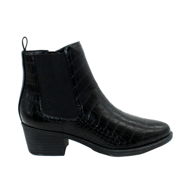 The ‘Carriage’ Chelsea bootie by Volatile, in beautiful rustic effect faux leather or matte metallic faux snake, is right on trend with a wide elastic side panel allowing for flexibility and comfort while walking. We took the level of ease a step further by adding an inside zipper, making these booties effortless to put on and off. The classic toe shape and heel will go with everything, from printed dresses to jeans.
