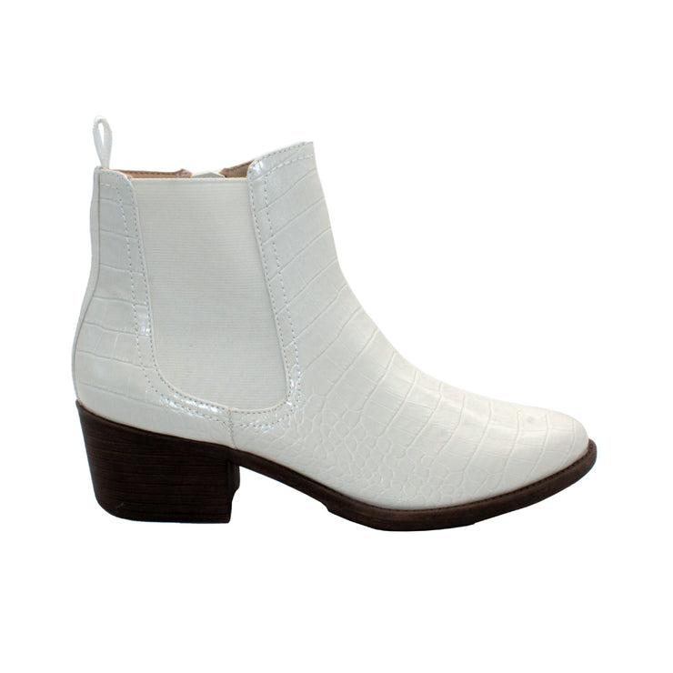 The ‘Carriage’ Chelsea bootie by Volatile, in beautiful rustic effect faux leather or matte metallic faux snake, is right on trend with a wide elastic side panel allowing for flexibility and comfort while walking. We took the level of ease a step further by adding an inside zipper, making these booties effortless to put on and off. The classic toe shape and heel will go with everything, from printed dresses to jeans.