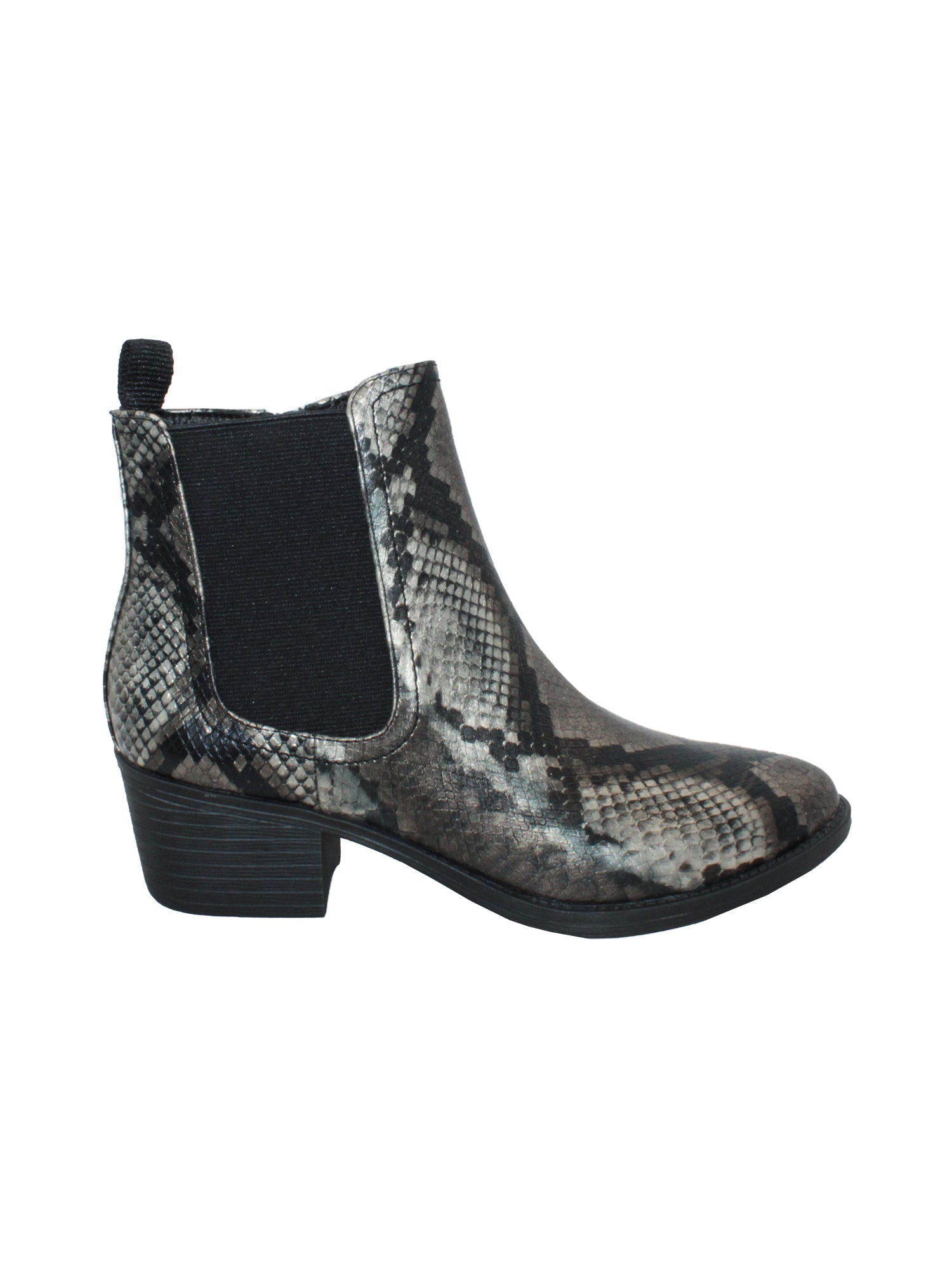 The ‘Carriage’ Chelsea bootie by Volatile, in beautiful rustic effect faux leather or matte metallic faux snake, is right on trend with a wide elastic side panel allowing for flexibility and comfort while walking. We took the level of ease a step further by adding an inside zipper, making these booties effortless to put on and off.  bronze multi