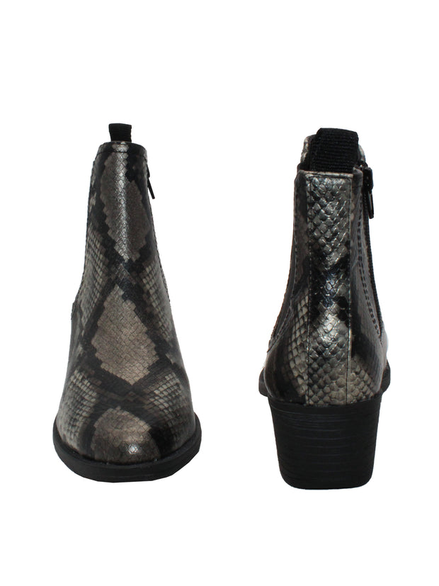 The ‘Carriage’ Chelsea bootie by Volatile, in beautiful rustic effect faux leather or matte metallic faux snake, is right on trend with a wide elastic side panel allowing for flexibility and comfort while walking. We took the level of ease a step further by adding an inside zipper, making these booties effortless to put on and off.  bronze multi3