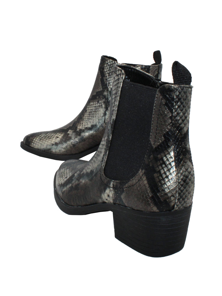 The ‘Carriage’ Chelsea bootie by Volatile, in beautiful rustic effect faux leather or matte metallic faux snake, is right on trend with a wide elastic side panel allowing for flexibility and comfort while walking. We took the level of ease a step further by adding an inside zipper, making these booties effortless to put on and off.  bronze multi4