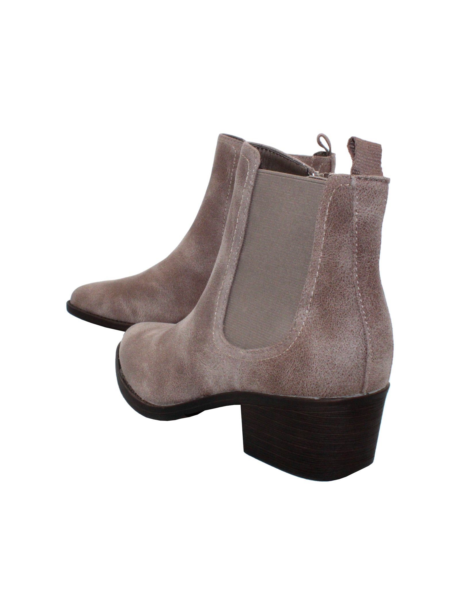 The ‘Carriage’ Chelsea bootie by Volatile, in beautiful rustic effect faux leather or matte metallic faux snake, is right on trend with a wide elastic side panel allowing for flexibility and comfort while walking. We took the level of ease a step further by adding an inside zipper, making these booties effortless to put on and off.  stone bavck
