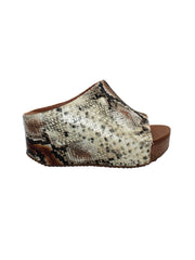 SLIP ON PEEP TOE WEDGE - Suede, hair calf, metallic tonal camo, faux snake upper with butted center seam and inner elastic gore for perfect fit - Slip on design - Leather lining - Signature ultra comfort EVA insole - Rubber traction outsole - Approx. 0.75" platform height - Approx. 2.75" wedge heel height beige multi