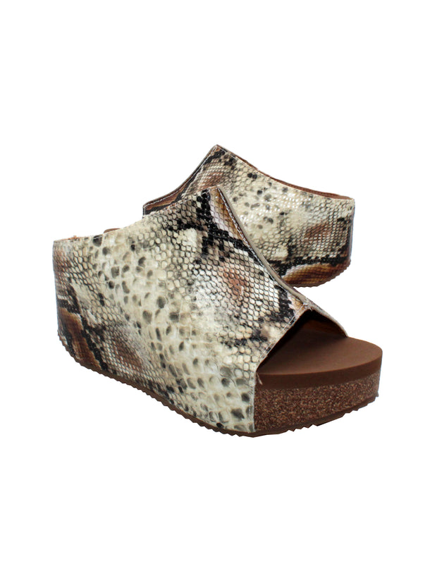 SLIP ON PEEP TOE WEDGE - Suede, hair calf, metallic tonal camo, faux snake upper with butted center seam and inner elastic gore for perfect fit - Slip on design - Leather lining - Signature ultra comfort EVA insole - Rubber traction outsole - Approx. 0.75" platform height - Approx. 2.75" wedge heel height beige multi 2