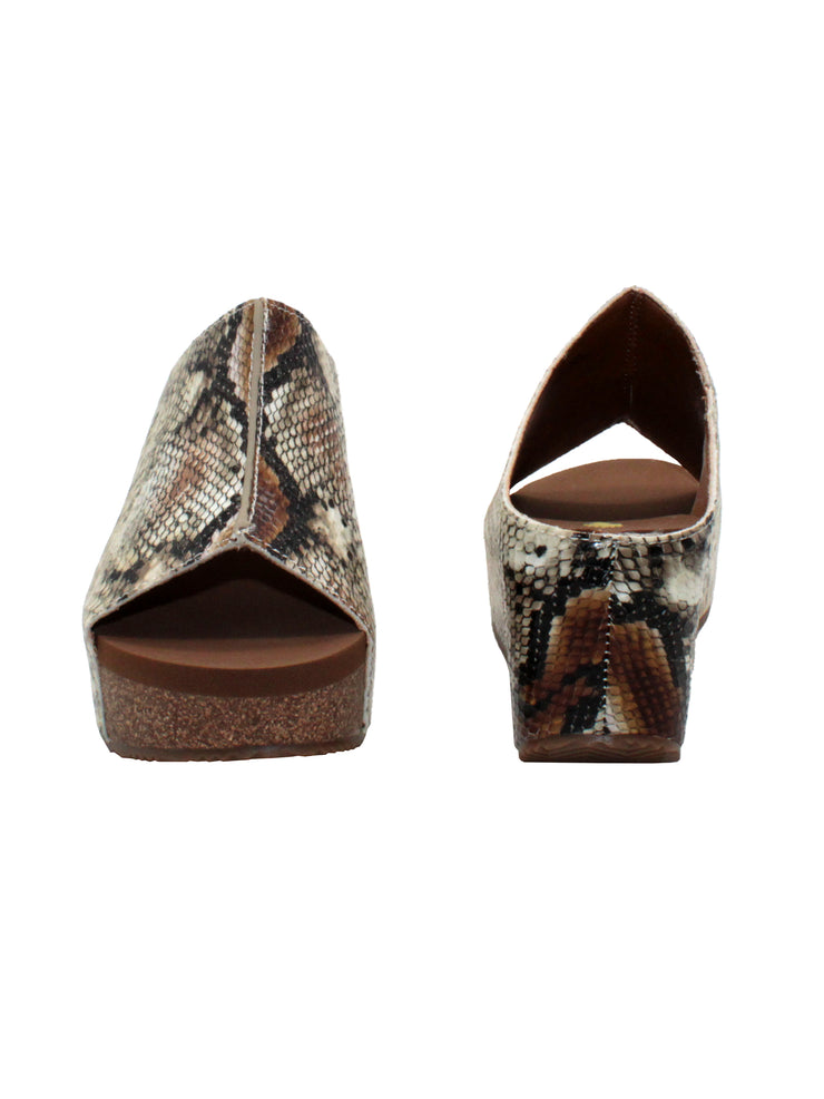 SLIP ON PEEP TOE WEDGE - Suede, hair calf, metallic tonal camo, faux snake upper with butted center seam and inner elastic gore for perfect fit - Slip on design - Leather lining - Signature ultra comfort EVA insole - Rubber traction outsole - Approx. 0.75" platform height - Approx. 2.75" wedge heel height beige multi3