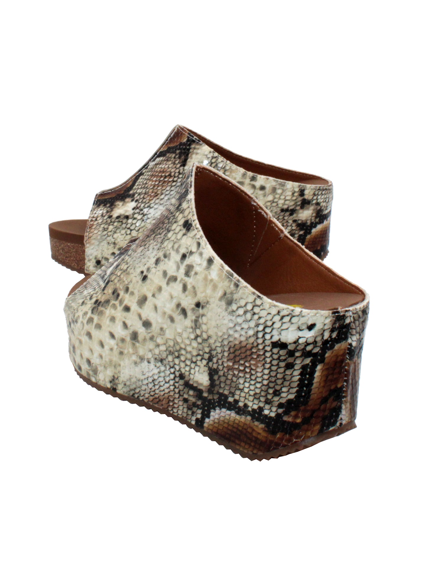 SLIP ON PEEP TOE WEDGE - Suede, hair calf, metallic tonal camo, faux snake upper with butted center seam and inner elastic gore for perfect fit - Slip on design - Leather lining - Signature ultra comfort EVA insole - Rubber traction outsole - Approx. 0.75" platform height - Approx. 2.75" wedge heel height beige multi 4