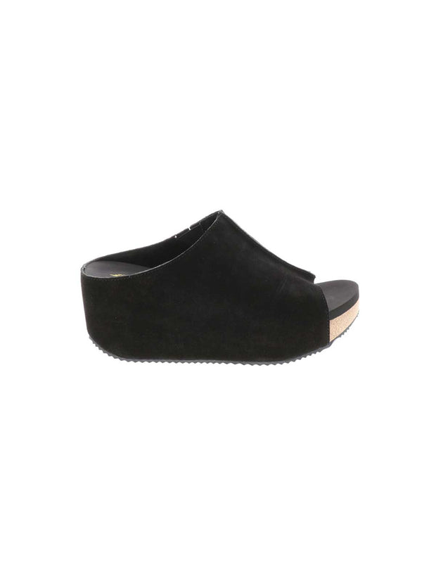 SLIP ON PEEP TOE WEDGE - Suede, hair calf, metallic tonal camo, faux snake upper with butted center seam and inner elastic gore for perfect fit - Slip on design - Leather lining - Signature ultra comfort EVA insole - Rubber traction outsole - Approx. 0.75" platform height - Approx. 2.75" wedge heel height black