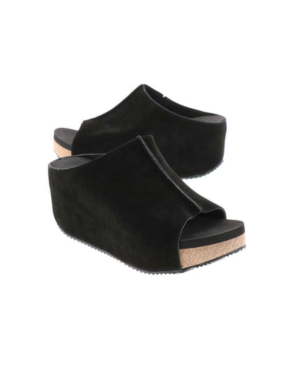 SLIP ON PEEP TOE WEDGE - Suede, hair calf, metallic tonal camo, faux snake upper with butted center seam and inner elastic gore for perfect fit - Slip on design - Leather lining - Signature ultra comfort EVA insole - Rubber traction outsole - Approx. 0.75" platform height - Approx. 2.75" wedge heel height black 2