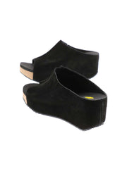 SLIP ON PEEP TOE WEDGE - Suede, hair calf, metallic tonal camo, faux snake upper with butted center seam and inner elastic gore for perfect fit - Slip on design - Leather lining - Signature ultra comfort EVA insole - Rubber traction outsole - Approx. 0.75" platform height - Approx. 2.75" wedge heel height black 4