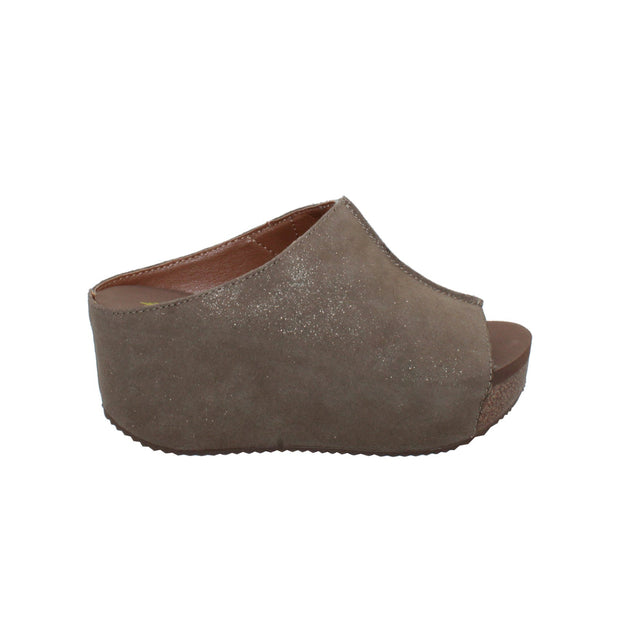 SLIP ON PEEP TOE WEDGE - Suede, hair calf, metallic tonal camo, faux snake upper with butted center seam and inner elastic gore for perfect fit - Slip on design - Leather lining - Signature ultra comfort EVA insole - Rubber traction outsole - Approx. 0.75" platform height - Approx. 2.75" wedge heel height bronze