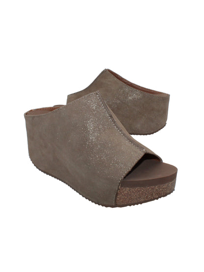 SLIP ON PEEP TOE WEDGE - Suede, hair calf, metallic tonal camo, faux snake upper with butted center seam and inner elastic gore for perfect fit - Slip on design - Leather lining - Signature ultra comfort EVA insole - Rubber traction outsole - Approx. 0.75" platform height - Approx. 2.75" wedge heel height bronze2