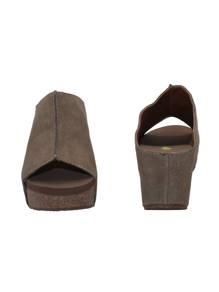 SLIP ON PEEP TOE WEDGE - Suede, hair calf, metallic tonal camo, faux snake upper with butted center seam and inner elastic gore for perfect fit - Slip on design - Leather lining - Signature ultra comfort EVA insole - Rubber traction outsole - Approx. 0.75" platform height - Approx. 2.75" wedge heel height bronze3