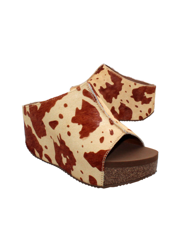 SLIP ON PEEP TOE WEDGE - Suede, hair calf, metallic tonal camo, faux snake upper with butted center seam and inner elastic gore for perfect fit - Slip on design - Leather lining - Signature ultra comfort EVA insole - Rubber traction outsole - Approx. 0.75" platform height - Approx. 2.75" wedge heel height brown cow 2
