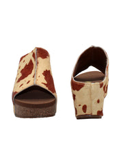 SLIP ON PEEP TOE WEDGE - Suede, hair calf, metallic tonal camo, faux snake upper with butted center seam and inner elastic gore for perfect fit - Slip on design - Leather lining - Signature ultra comfort EVA insole - Rubber traction outsole - Approx. 0.75" platform height - Approx. 2.75" wedge heel height brown cow 3