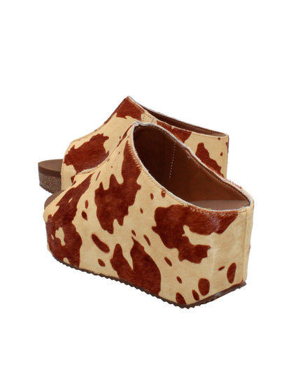 SLIP ON PEEP TOE WEDGE - Suede, hair calf, metallic tonal camo, faux snake upper with butted center seam and inner elastic gore for perfect fit - Slip on design - Leather lining - Signature ultra comfort EVA insole - Rubber traction outsole - Approx. 0.75" platform height - Approx. 2.75" wedge heel height brown cow 4