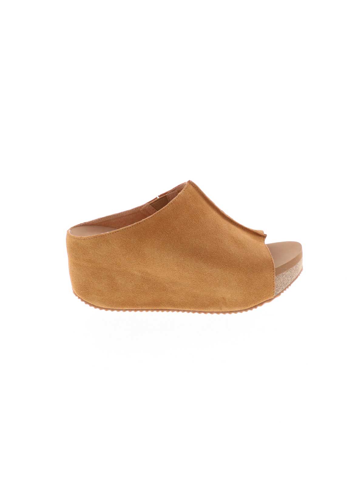 SLIP ON PEEP TOE WEDGE - Suede, hair calf, metallic tonal camo, faux snake upper with butted center seam and inner elastic gore for perfect fit - Slip on design - Leather lining - Signature ultra comfort EVA insole - Rubber traction outsole - Approx. 0.75" platform height - Approx. 2.75" wedge heel height tan