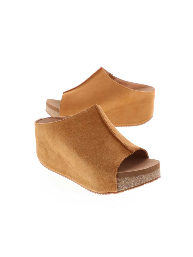 SLIP ON PEEP TOE WEDGE - Suede, hair calf, metallic tonal camo, faux snake upper with butted center seam and inner elastic gore for perfect fit - Slip on design - Leather lining - Signature ultra comfort EVA insole - Rubber traction outsole - Approx. 0.75" platform height - Approx. 2.75" wedge heel height tan2