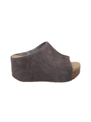 SLIP ON PEEP TOE WEDGE - Suede, hair calf, metallic tonal camo, faux snake upper with butted center seam and inner elastic gore for perfect fit - Slip on design - Leather lining - Signature ultra comfort EVA insole - Rubber traction outsole - Approx. 0.75" platform height - Approx. 2.75" wedge heel height taupe