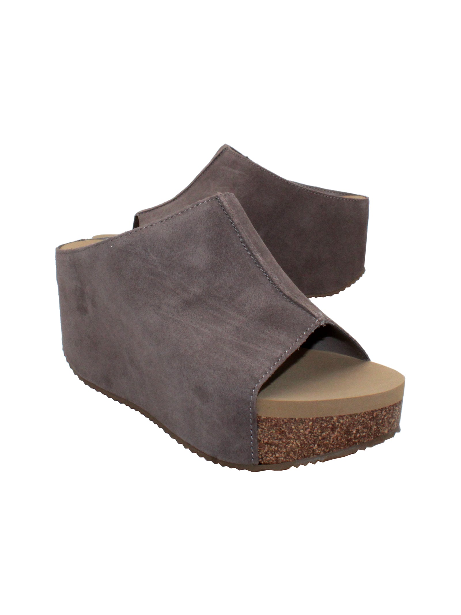 SLIP ON PEEP TOE WEDGE - Suede, hair calf, metallic tonal camo, faux snake upper with butted center seam and inner elastic gore for perfect fit - Slip on design - Leather lining - Signature ultra comfort EVA insole - Rubber traction outsole - Approx. 0.75" platform height - Approx. 2.75" wedge heel height taupe2