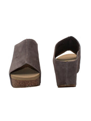 SLIP ON PEEP TOE WEDGE - Suede, hair calf, metallic tonal camo, faux snake upper with butted center seam and inner elastic gore for perfect fit - Slip on design - Leather lining - Signature ultra comfort EVA insole - Rubber traction outsole - Approx. 0.75" platform height - Approx. 2.75" wedge heel height taupe3