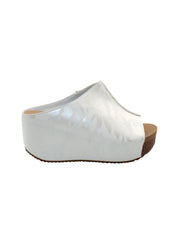SLIP ON PEEP TOE WEDGE - Suede, hair calf, metallic tonal camo, faux snake upper with butted center seam and inner elastic gore for perfect fit - Slip on design - Leather lining - Signature ultra comfort EVA insole - Rubber traction outsole - Approx. 0.75" platform height - Approx. 2.75" wedge heel height white camo