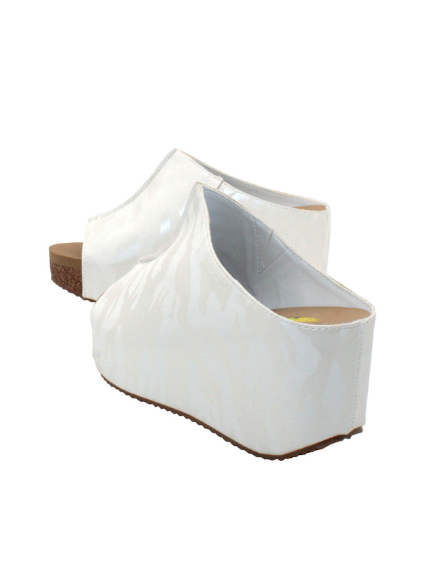 SLIP ON PEEP TOE WEDGE - Suede, hair calf, metallic tonal camo, faux snake upper with butted center seam and inner elastic gore for perfect fit - Slip on design - Leather lining - Signature ultra comfort EVA insole - Rubber traction outsole - Approx. 0.75" platform height - Approx. 2.75" wedge heel height white camo4