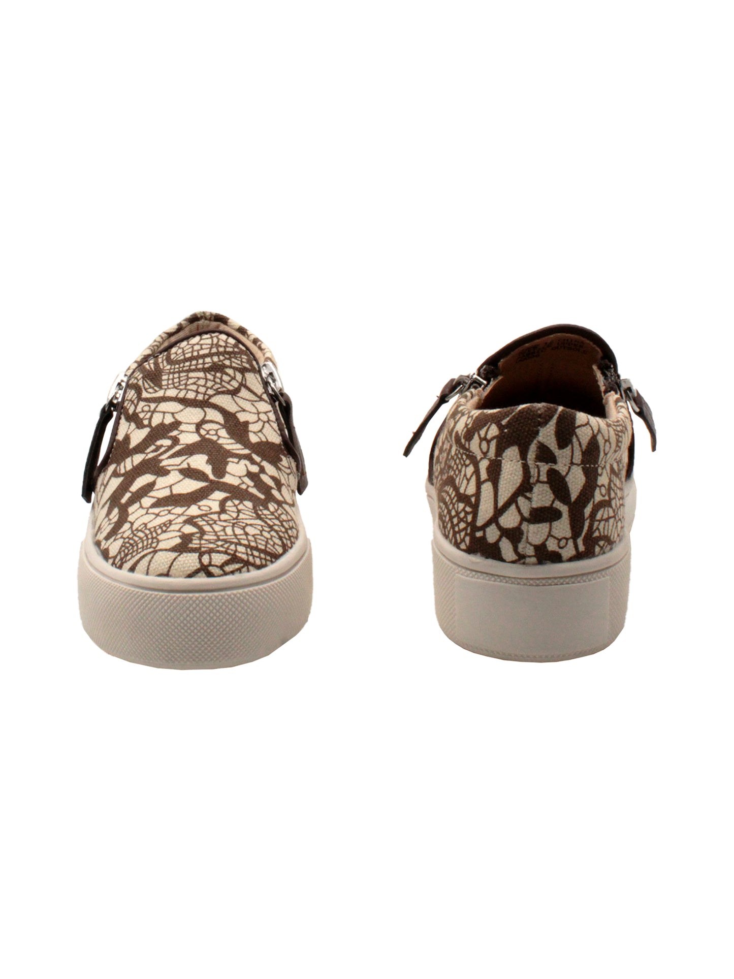 Volatile Kid’s ‘Chorus’ brown lace double zipper sneaker in printed cotton canvas is designed to easily slip on and off. They feature a cushioned sock stationed on a textured rubber sneaker bottom that’s ready for all day play. Pair them with casual outfits and dress up looks alike. front and back