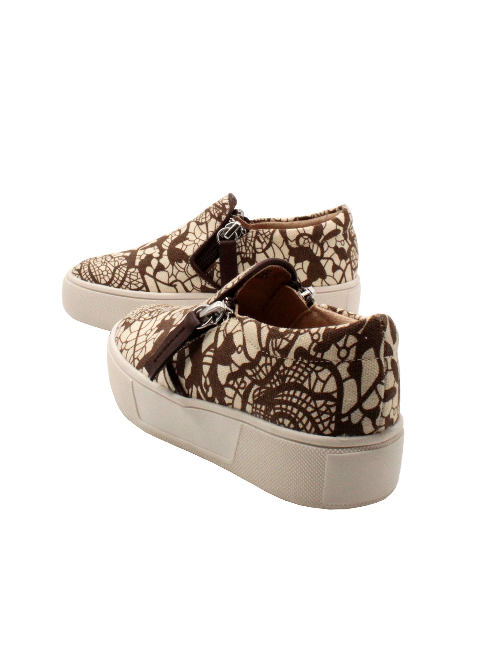 Volatile Kid’s ‘Chorus’ brown lace double zipper sneaker in printed cotton canvas is designed to easily slip on and off. They feature a cushioned sock stationed on a textured rubber sneaker bottom that’s ready for all day play. Pair them with casual outfits and dress up looks alike. back