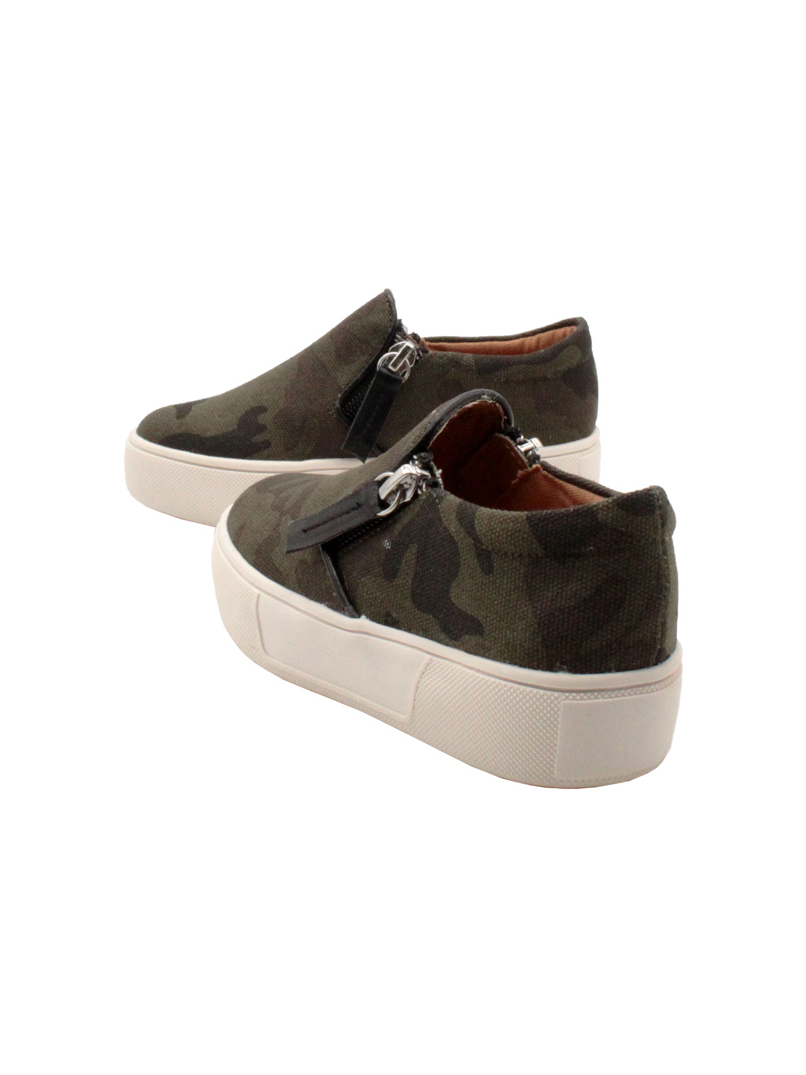 Volatile Kid’s ‘Chorus’ camo double zipper sneaker in printed cotton canvas is designed to easily slip on and off. They feature a cushioned sock stationed on a textured rubber sneaker bottom that’s ready for all day play. Pair them with casual outfits and dress up looks alike. back