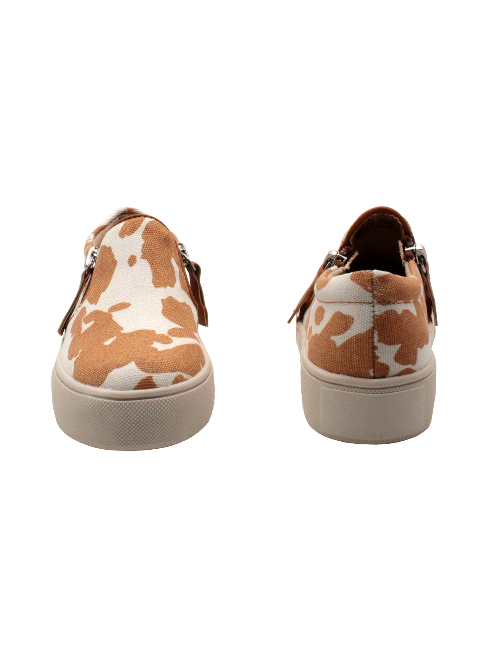 Volatile Kid’s ‘Chorus’ brown cow double zipper sneaker in printed cotton canvas is designed to easily slip on and off. They feature a cushioned sock stationed on a textured rubber sneaker bottom that’s ready for all day play. Pair them with casual outfits and dress up looks alike. front and back