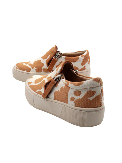 Volatile Kid’s ‘Chorus’ brown cow double zipper sneaker in printed cotton canvas is designed to easily slip on and off. They feature a cushioned sock stationed on a textured rubber sneaker bottom that’s ready for all day play. Pair them with casual outfits and dress up looks alike. back